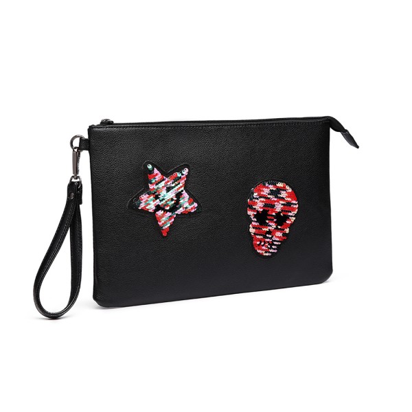 LT6822S-MISS LULU MISS LULU PU LEATHER SEQUIN SKULL CLUTCH BAG BLACK